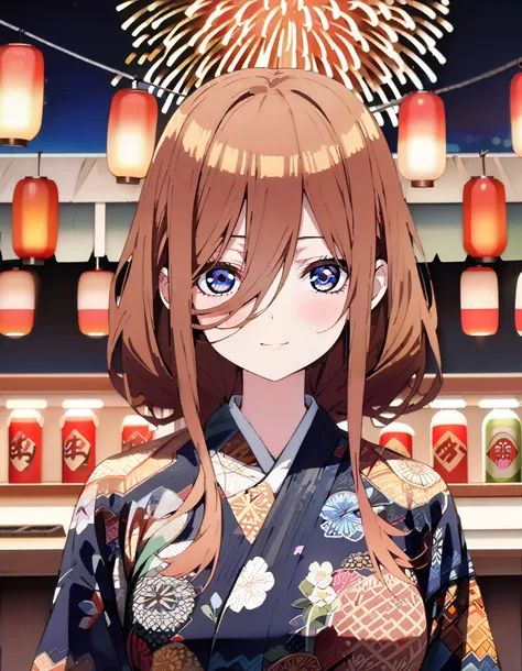 Nakano Future, Alone, long hair, bangs,  blue eyes,  brown hair,  long hair, bangs,  blue eyes,  brown hair,  hair between eyes ,smile,blush,Big Breasts, legs ,Blue flower pattern kimono, side lock , long skirt ,日本のfestival,夏festivalの屋台, red lanterns,Firew...