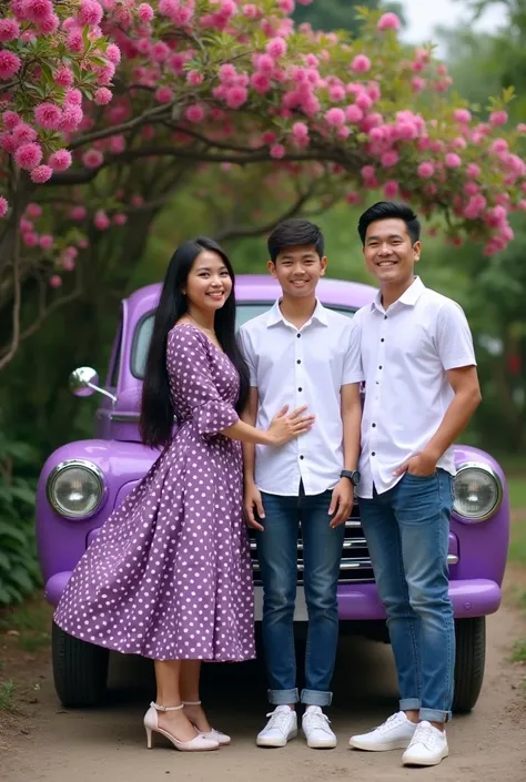 lovers,1 beautiful young indonesian woman , LONG BLACK HAIR ,memakai baju dres polkadot warna ungu dan put on jeans ,heel sandals , is standing in front of the runner car in purple color ,Next to her are 2 young, clean, handsome Indonesian men, short hair ...