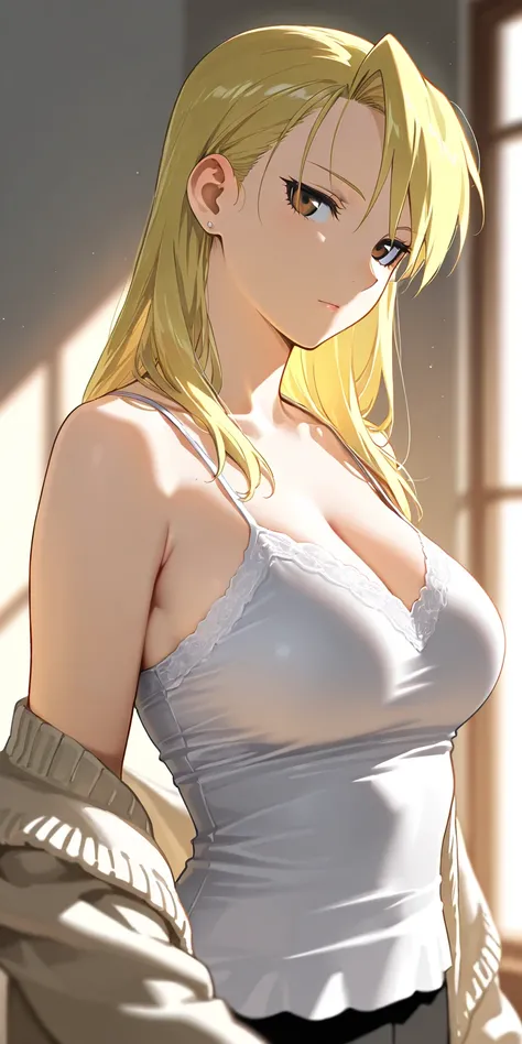 Masterpiece, elegant mature woman, riza hawkeye, long hair, tall body, open cardigan, camisole, upper body, dynamic lighting, ultra detailed, highres, absurdres, home,  fullmetal alchemist style, stunning visual cg, looking at viewer