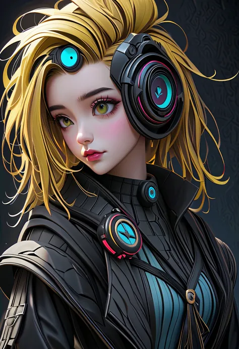 High Definition, masterpiece, Accurate, top quality, High Definition model, high detail, (((The textures are soft))), ((matte and toy-like with a handmade premium look)), (((Tim Burton style))), Dark, 1 girl, cyberpunk, yellow hair, 