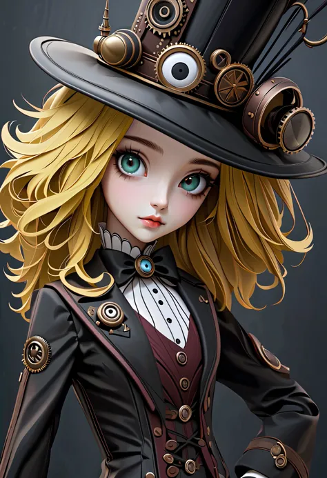 High Definition, masterpiece, Accurate, top quality, High Definition model, high detail, (((The textures are soft))), ((matte and toy-like with a handmade premium look)), (((Tim Burton style))), Dark, 1 girl, Steampunk, yellow hair, 