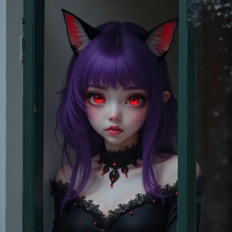 woman,One person, Face Up , very detailed from outside the window, very very realistic depiction ,Beauty,round face,Young,Cat ears, Purple Short Hair, Beast Man,A pleasant smile,Red eyes like jewels that seem to be sucked in, very detailed from outside the...