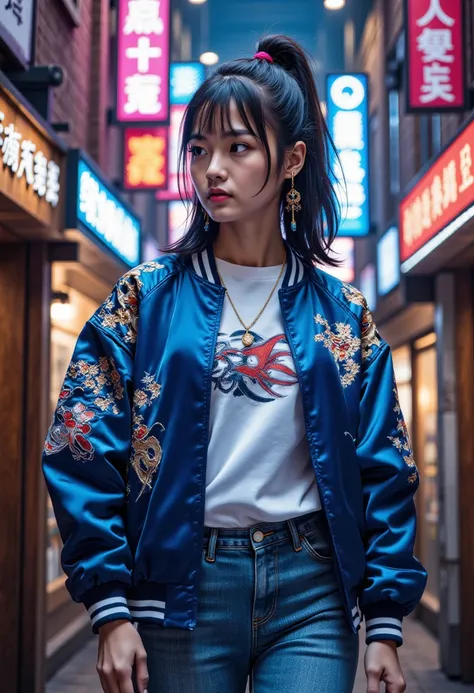 ((Masterpiece)), ((Ultra-detailed, 16K quality)), ((Professional photography)), ((Cinematic portrait lighting)), ((Sharp focus, high-resolution textures)), ((Neon cyber city background, bokeh lights)), ((Sukajan jacket, embroidered details)), ((Natural dep...