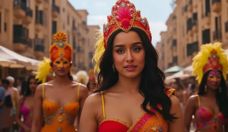 Cinematic shot of a bustling, chaotic festival street, where masked dancers perform an intense sequence while the singer moves through the crowd, eyes full of mystery and excitement.