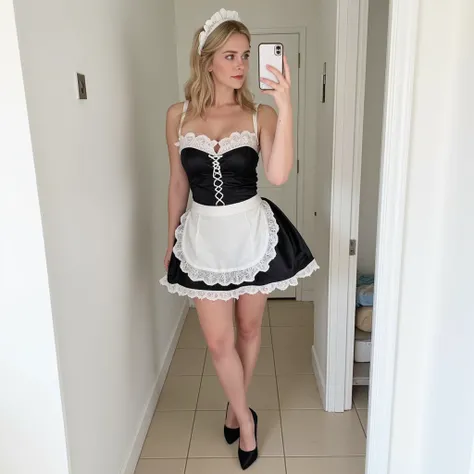 mirror selfie photo of a blonde woman, taken with iphone, a woman is standing in a narrow hallway with white walls and a light tiled floor. She is wearing a short, black and white maid outfit made of satin and lace, featuring a fitted bodice with white lac...