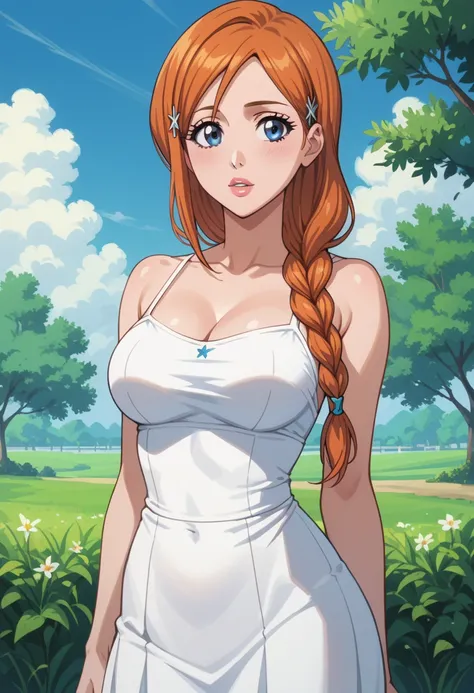 ,1girl, solo, bimbo,Orihime Inoue, \(artist\, @doughroomn,braid, orange hair, blue eyes,wearing indian saree, slim, outside, blue eyes,bindi,light skin, blue eyes, slim body, thick lips, cowboy shot