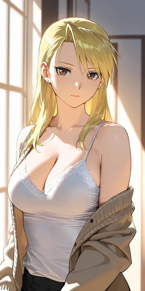 Masterpiece, elegant mature woman, riza hawkeye, long hair, tall body, open cardigan, camisole, upper body, dynamic lighting, ultra detailed, highres, absurdres, home,  fullmetal alchemist style, stunning visual cg, looking at viewer