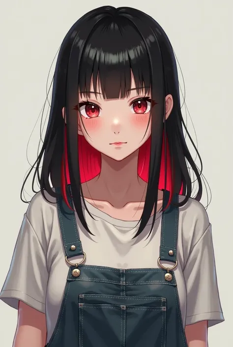 Straight black-haired girl with red highlights wearing casual clothes and neutral anime-style expression