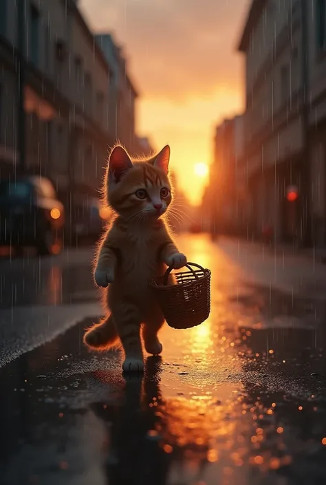 kitten, now with his empty basket, walks down the deserted street as the rain begins to subside. He observes the wet streets and feels the satisfaction of the job accomplished.
The street has softly glowing streetlights, and the rain begins to give way to ...