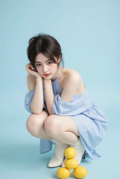 /imagine prompt: A delicate young woman with dark, tousled hair tied in a messy ponytail, crouching gracefully against a soft pastel blue background. She wears a flowing, halter-neck light blue dress that drapes elegantly over her form, paired with stylish...