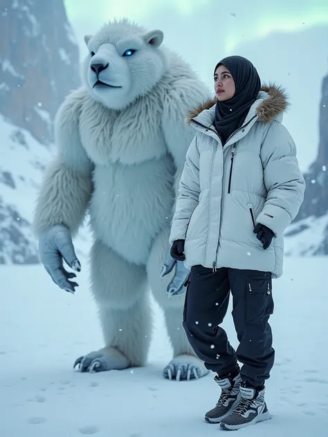 A highly detailed, ultra-realistic HDR photograph of a young hijabi woman standing in the vast, icy expanse of Antarctica. She is wearing a stylish, oversized bright white puffer coat with a fur-lined hood, a neatly wrapped black hijab, and black cargo pan...