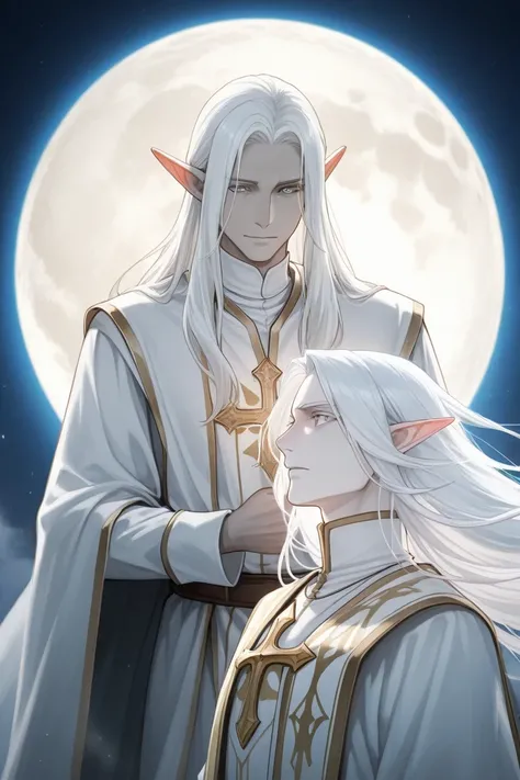 dnd， long white hair，Elf male，Light eyes， pale skinned ，cleric，grace， white clothes ， white moon element，The atmosphere is light