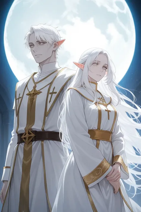 dnd， long white hair，Elf male，Light eyes， pale skinned ，cleric，grace， white clothes ， white moon element，The atmosphere is light