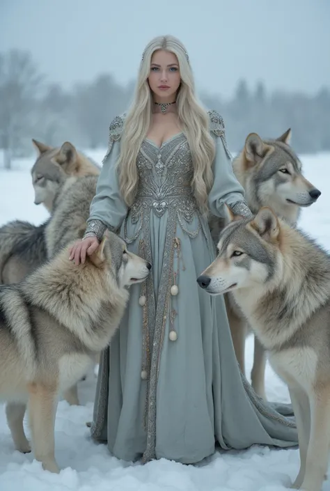 Blue-eyed woman with long platinum hair in the snow wearing queen's clothing with 8 very large wolves around her and her caressing some,4K, Ultra-realistic perfection in the details 