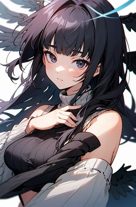  1girl, black hair, blunt bangs, long hair, broken halo, black eyes, alternative clothes, virgin killer sweater, detached sleeves, gray sweater, energy wings, looking at viewer, upper body, zoom out, small breasts, calm, portrait, white background,
