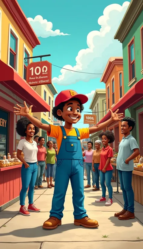 A colorful and vibrant illustration of a lively neighborhood. In the center, a cheerful young man wearing blue overalls and a red cap stands with open arms in a welcoming pose. Around him, diverse Black people, including workers, shopkeepers, elderly indiv...