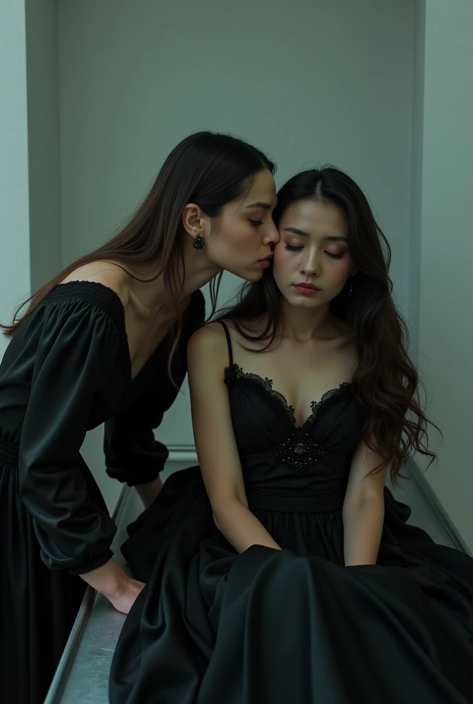 Photorealistic high detail full view european woman kissing a dead latino long hair woman lying on steel embalming table in mortuary eyes closed mouth closed barefoot dressed in shiny satin black ball gown