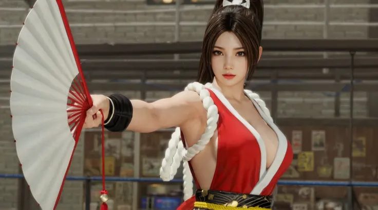 Mai Shiranui, (best qualityer,ultra details),(realisitic:1.37), beautiful and detailed face, ultra-realisitic texture, Exquisite face, athletic body, bright coloured. High definition, 8k, wearing red lipstick, rosy cheeks. expression with a sexy and seduct...