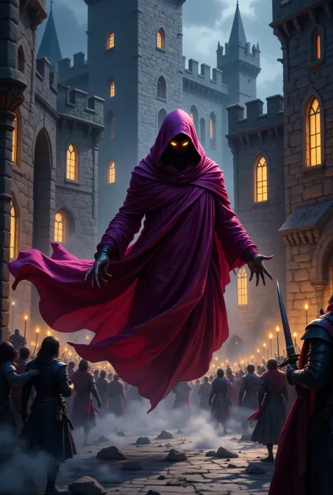 This is a digital painting depicting a dramatic, supernatural scene set in a medieval castle courtyard at night. The central figure is a mysterious, hooded figure cloaked in a vibrant red robe with a deep purple hood that obscures his face, giving him an o...