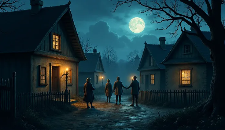 Villagers looking scared, some elderly people telling stories about the witch to young ren. Others are peeking out of their windows at night, as if expecting something terrifying to appear.