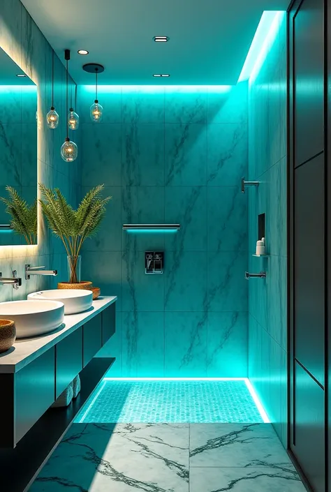 "Design a modern and luxurious bathroom that reflects advanced technology and luxury .  Use bright and bright colors such as turquoise blue, calm purple, and refreshing green, with touches of black and gold to add an elegant touch .  Lighting should be sma...