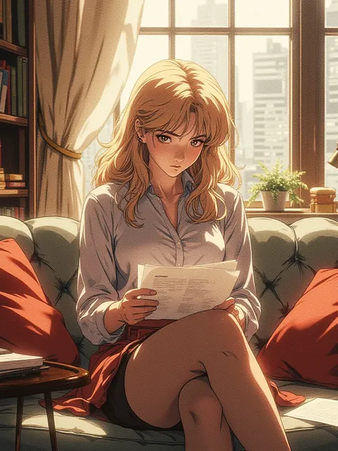 short girl, about fifteen years old,  with blond long hair and brown eyes, sits in a bright office on the sofa and looks at papers, there is a small coffee table next to it