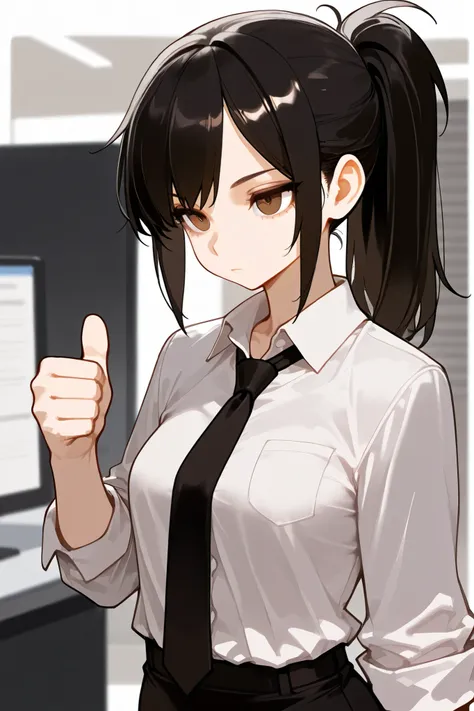 masterpiece, best quality, 1girl, solo,black hair, ponytail, brown eyes, dress shirt,tie, expressionless,thumbs up, office background