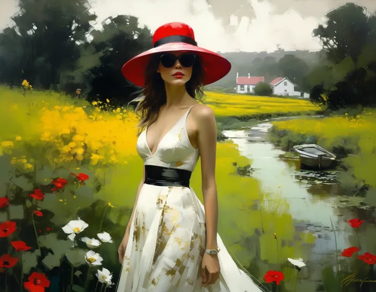 painting of a GIRL, with elegant hat, sunglasses, black and gold white dress, and background In FIELD OF FLOWERS, PATH, one way, very green background, natural greens, clear light, ONLY WAY, OLD HOUSE , CREEK, many flowers, rich vegetation,, ,, erect postu...