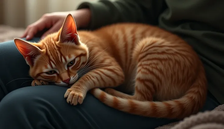 a beautiful cat with beautiful, shiny fur sadly on its owner's lap