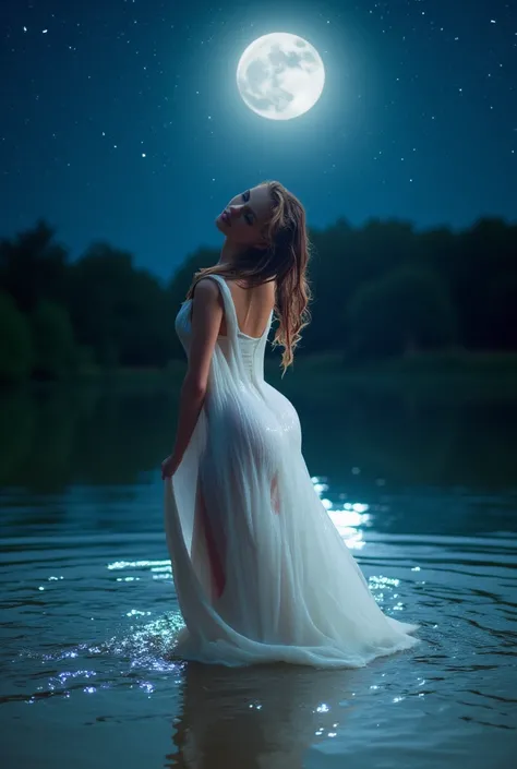  moonlit starry night . Beautiful girl comes out of the lake. Dressed in a white dress, the light of the moon shines through the wet dress