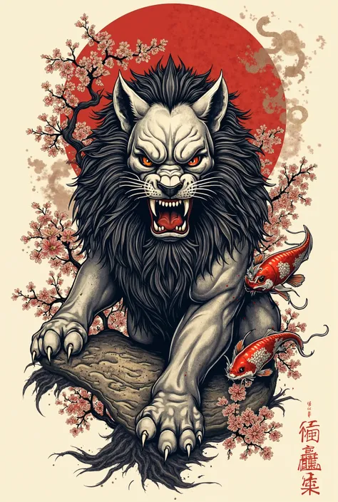 Create a tattoo of a sinister and imposing Japanese lion with clear details in its lines with illustrations of Japanese culture about faith and luck