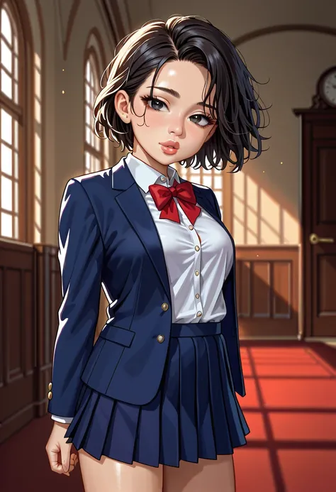 (((1girl:1.5))), Masterpiece, Best quality, amazing beauty, 4K, absurdres, finely detail, (super detailed eye), perfect anatomy, official art, cinematic lighting, BREAK, ((((Bright bedroom)))), silky short hair, (tired hair), [black hair], (((super shiny d...