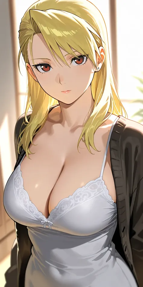 Masterpiece, elegant mature woman, riza hawkeye, long hair, tall body, open cardigan, camisole, upper body, dynamic lighting, ultra detailed, highres, absurdres, home, fullmetal alchemist style, looking at viewer