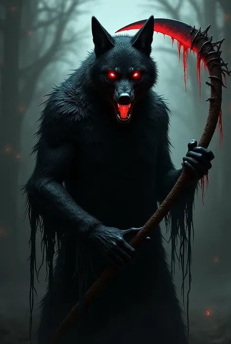  Create a red-eyed evil wolf holding a sickle with a coat: the wolf looks human and has a black coat around it.(Looking like Death in Boots Suit 2)