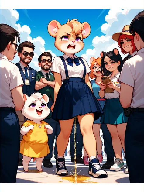 (furry female hamster , Humiliated face , pain , urine , hands on skirt) , Everyone is looking