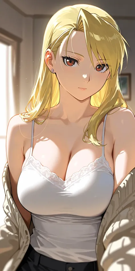 Masterpiece, elegant mature woman, riza hawkeye, long hair, tall body, open cardigan, camisole, upper body, dynamic lighting, ultra detailed, highres, absurdres, home, fullmetal alchemist style, looking at viewer