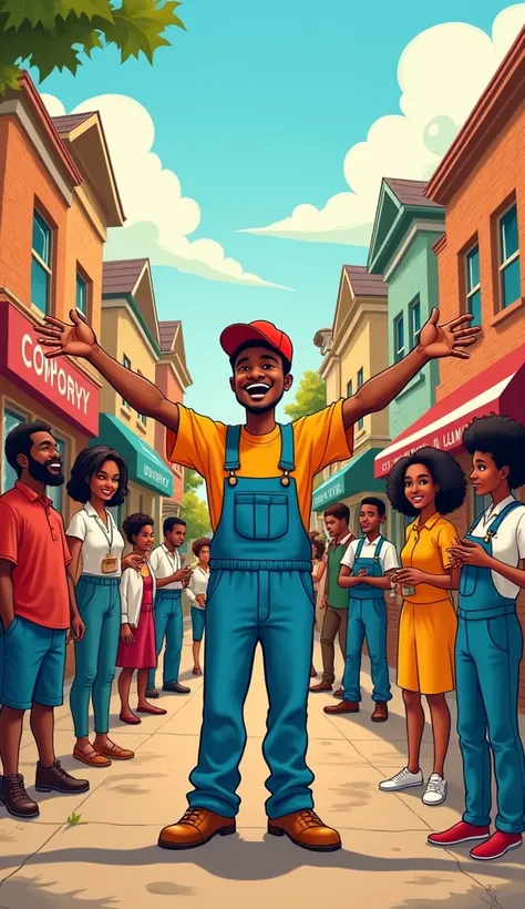 A colorful and vibrant illustration of a lively neighborhood. In the center, a cheerful young man wearing blue overalls and a red cap stands with open arms in a welcoming pose. Around him, diverse Black people, including workers, shopkeepers, elderly indiv...