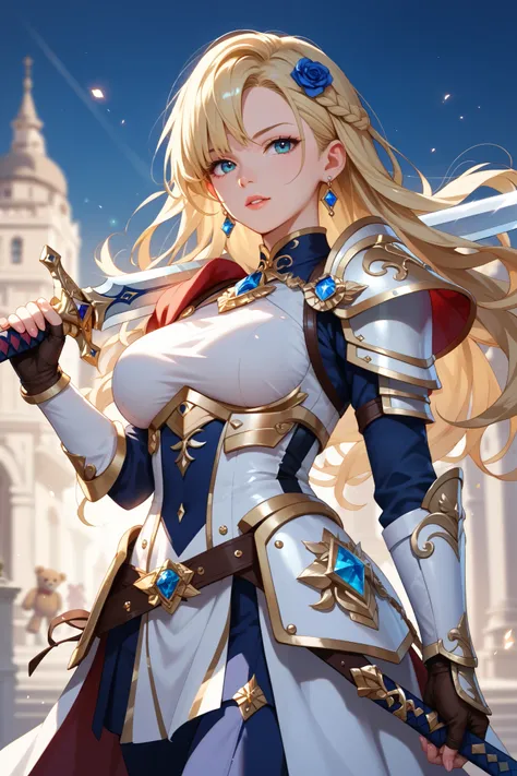  outdoor, Female swordsman and teddy bear wearing luxurious Western-style armor, Holding a sword,During combat, dynamic pose,Warm Light,  sparkling effect,  The light is shining  。 blonde, long hair