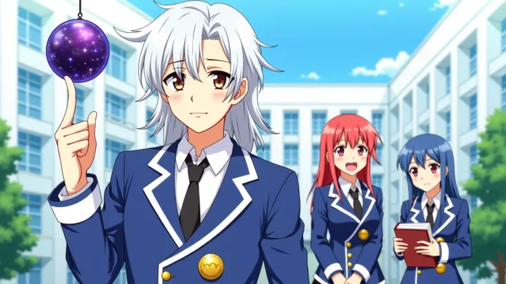 anime style,  magic academy scene .  The main character is a young guy with long white hair ,  with a slightly bored facial expression ,  dressed in a stylish blue academic uniform with white accents ,  gold buttons and a tie with a round gold brooch .  He...