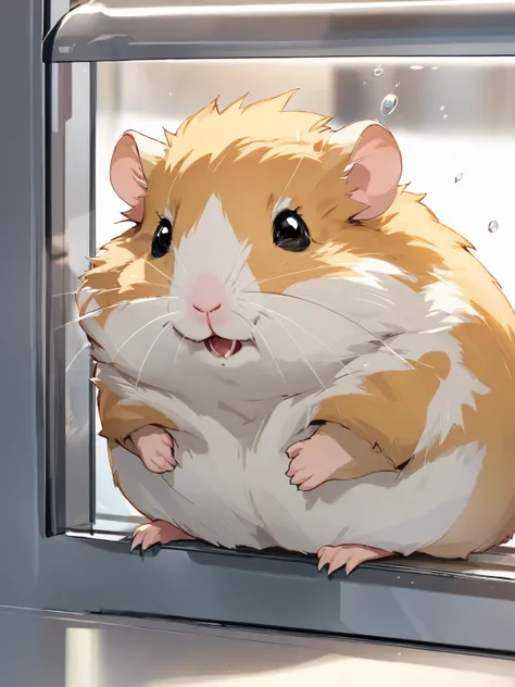 furry female hamster , Press chest against the glass