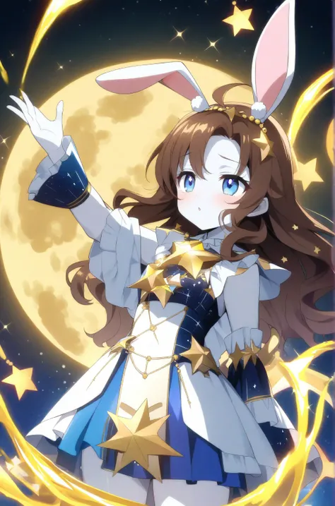  anime style girl pee with water magic、 white skin、 brown hair、Blue wavy hair ,  rabbit ears.  blue eyes with a white shining six-pointed star embedded in each eye.  astronomy-themed costume .  gold moon jewelry . Star decoration on the right side of the h...