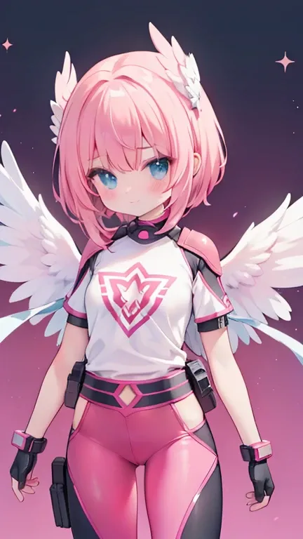 A girl superhero wearing modern pink hero armor. She has big angel wings.  She has small breasts. She has a logo with a "E on the chest".  anime style. Do not place background. She has pants and a t-shirt.