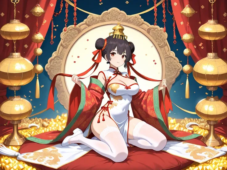 woman with big breasts, (Anime Style)(goddess) in traditional Chinese clothes, many details in clothes, Ribbons and decorations, Pompomorous look, white stockings with patterns, white shoes with golden bells