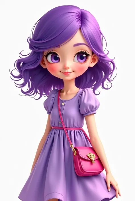 A girl with a pink purse and a purple dress and her hair is purple 