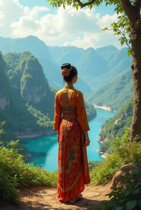 A picture of a  dressed in a Malay costume, standing watching the beautiful view