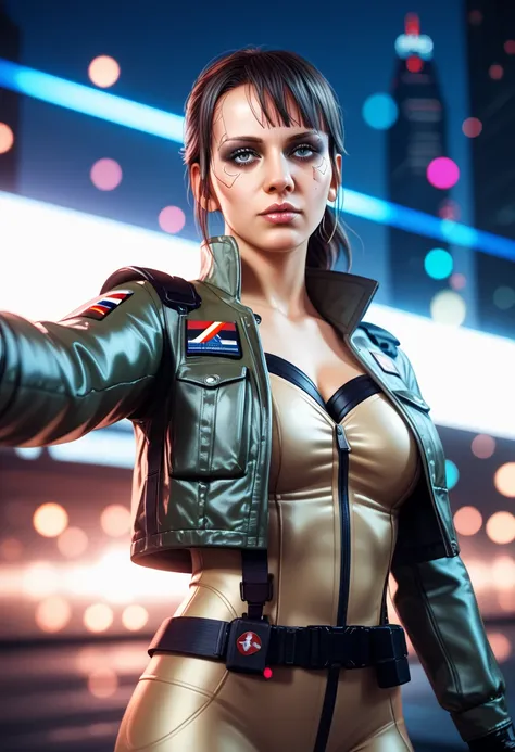 ((Masterpiece)), ((Ultra-detailed, 16K quality)), ((Professional photography)), ((Cinematic portrait lighting)), ((Metal Gear Solid style, realistic textures)), ((Sukajan jacket, embroidered details)), ((Cyberpunk neon city background, bokeh lights)), ((Sh...