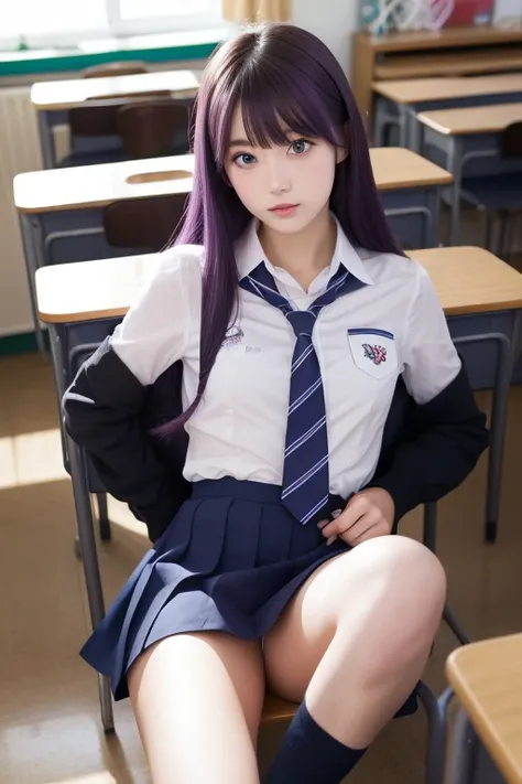  girls with light makeup, Long midnight purple hair,  blue eyes, sit in classroom, modern school uniform,  is spreading its legs、