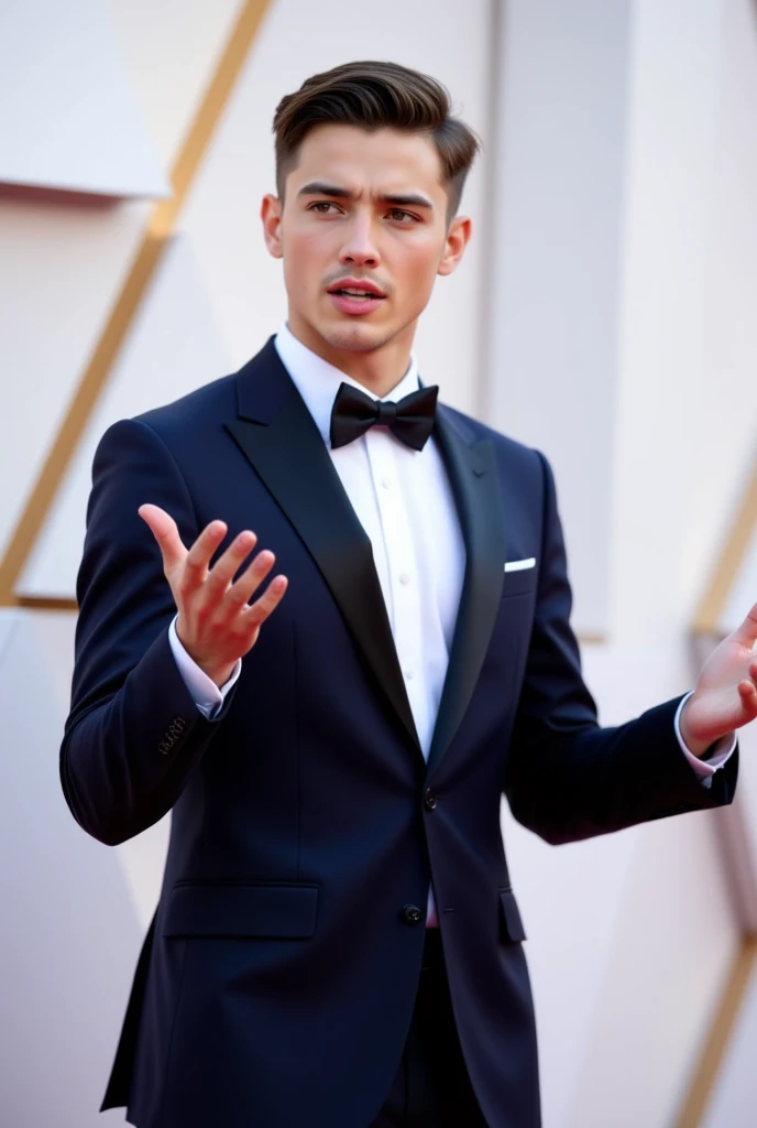 This is a photograph featuring a young man standing against a blurred background, possibly at an event or on a red carpet. The man is wearing a dark navy blue tuxedo with a black lapel and a matching black bow tie. His white dress shirt has a crisp, formal...