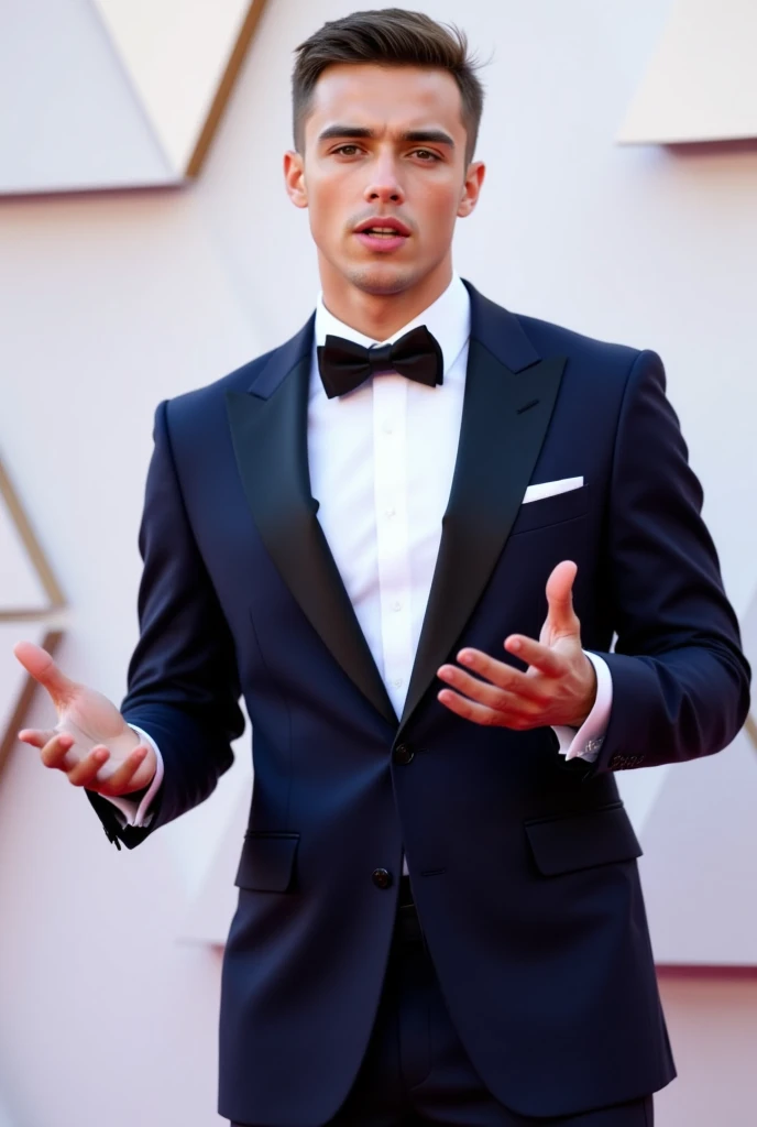 This is a photograph featuring a young man standing against a blurred background, possibly at an event or on a red carpet. The man is wearing a dark navy blue tuxedo with a black lapel and a matching black bow tie. His white dress shirt has a crisp, formal...