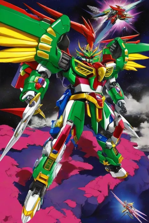 A giant robot/Megazord where the torso and head are red Quetzalcoatl (The chest is its wings.),  the right leg is the blue Leviathan, The left leg is the green Basilisk , The arms of the pink Kirin and on the back the yellow Thunderbird acting as wings.